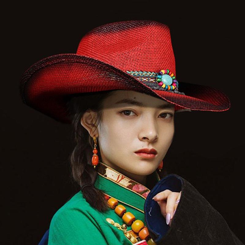 Ethnic Style Summer Straw Western Cowboy Hats Outdoor Travel Hollow Out Sun Hat Holiday Cap