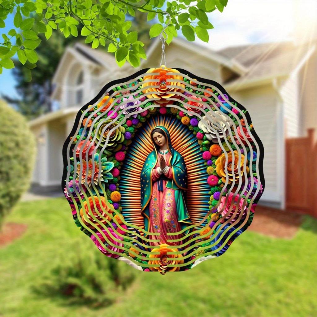 Vibrant Virgin Mary Metal Windmill Garden Decor 10 Inch Dual Sided with Rotating Hook for Yard Porch Christmas Halloween Thanksgiving