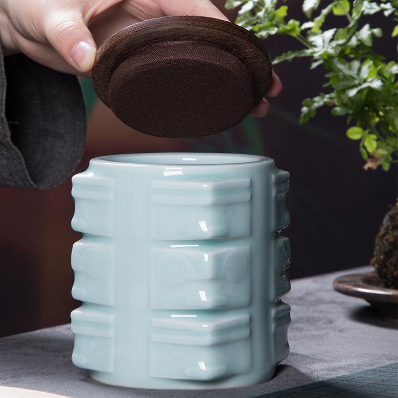 Modern Square Blue Ceramic Tea Canister with Wooden Lid Household Sealed Moisture-Proof Storage Jar Simple Coffee Bean Candy Jar