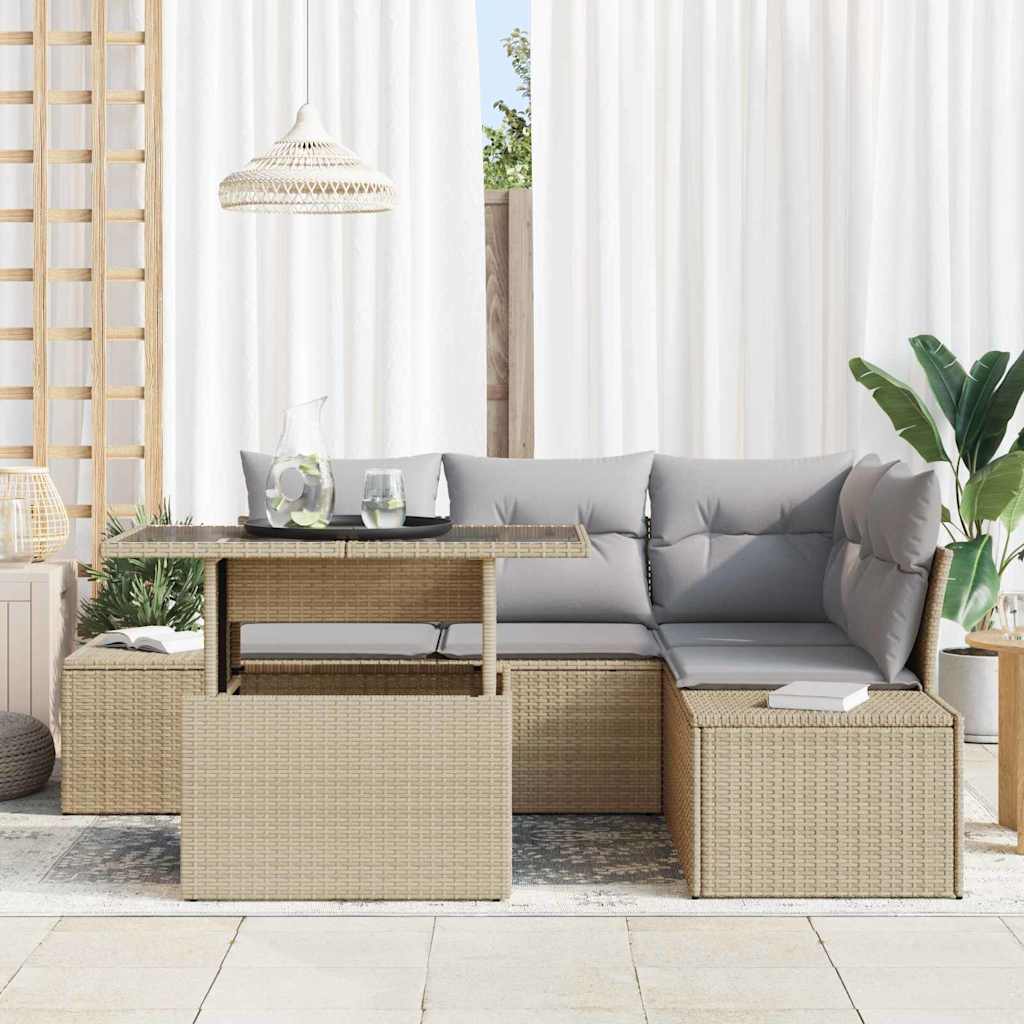Garden Sofa Set with Cushions 5 pcs Beige and Light Grey Poly Rattan