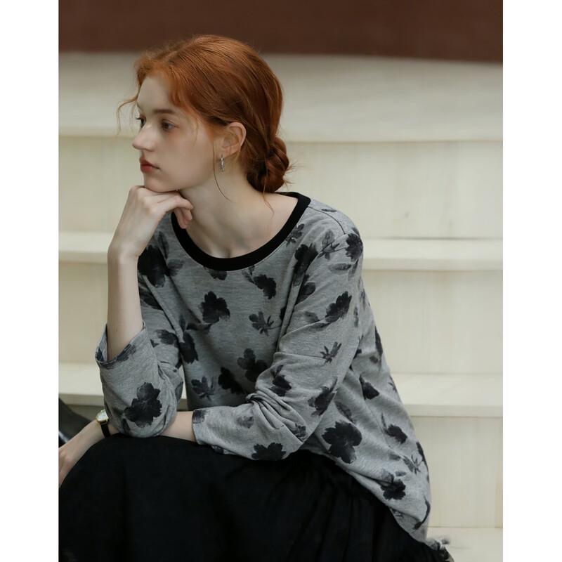 Demana Ink Floral Color-Block Round Neck T-Shirt S