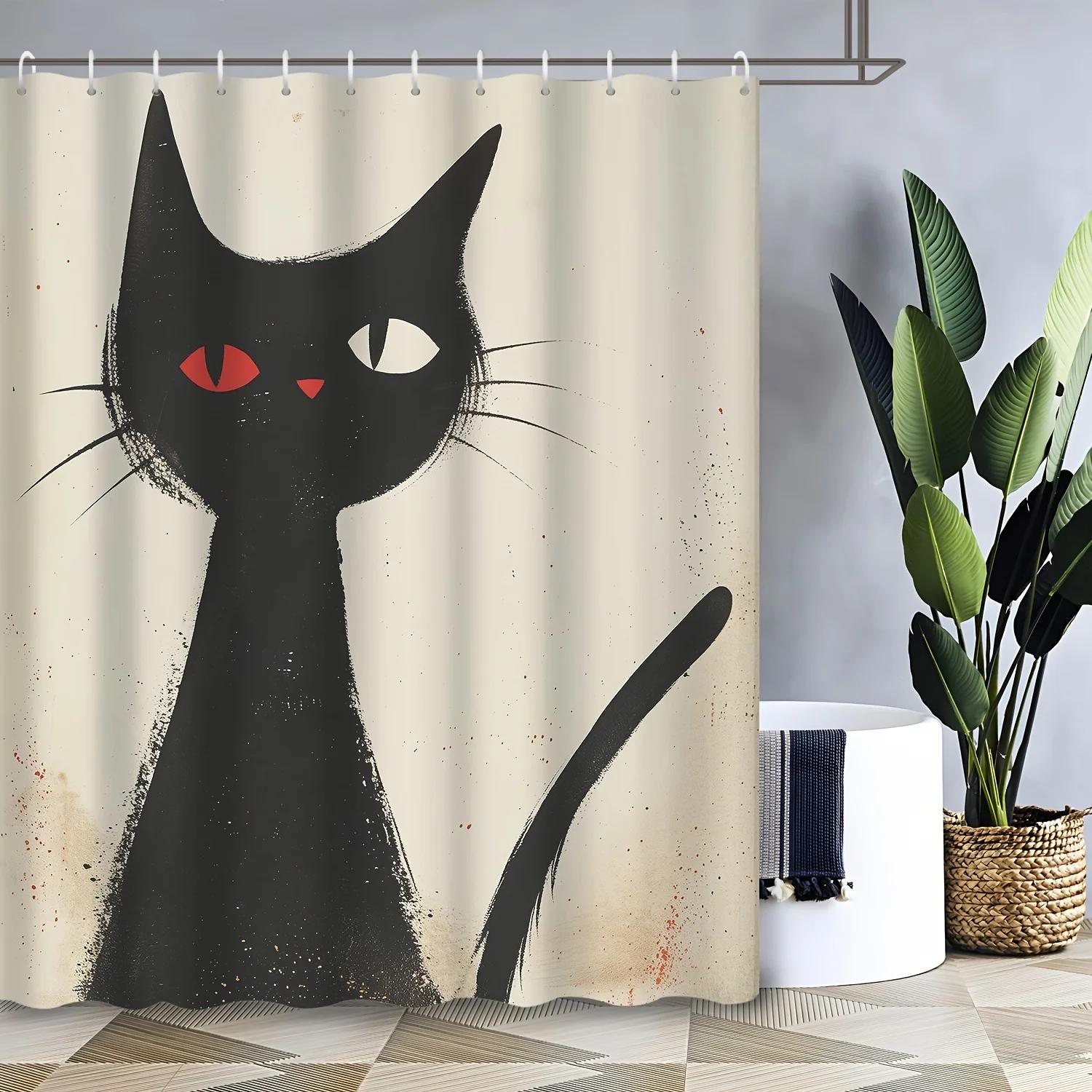 

Halloween Art Line Black Cat Shower Curtain - Abstract Retro Print, Polyester Fabric, 12 Hooks Included, Creative Bath Decor W90xH180cm