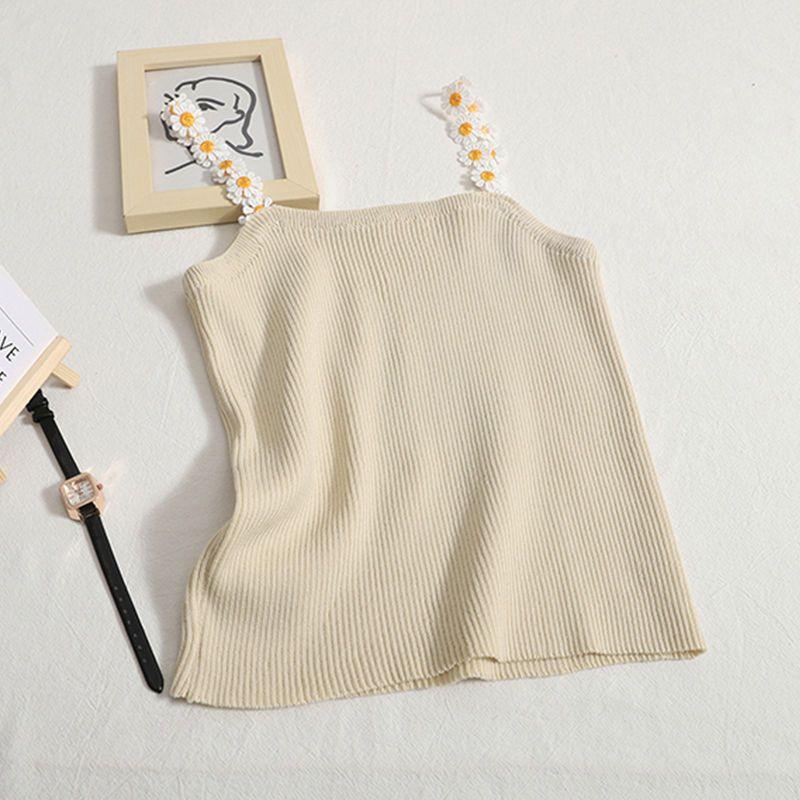 Letni Słodki Kwiatowy Top na Ramiączkach dla Kobiet Dopasowany, Wewnętrzny i Zewnętrzny Krótki Top Dzianinowy dla Studentek
