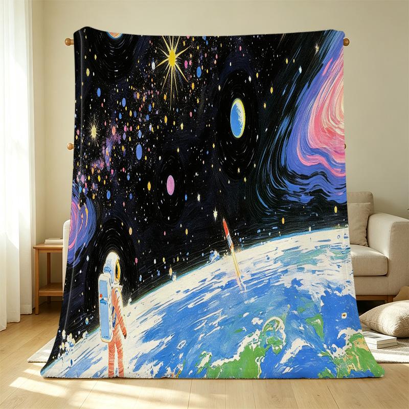 Space Theme Non-Pilling Soft Flannel Throw – Warm Cozy Maternity Blanket for Home, Outdoor Picnics, All-Season Decor, Christmas & Halloween