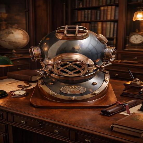 

Black Mark V Style Diving Helmet with Wooden Base Nautical Decor Brass Finish Deep Sea Helmet.