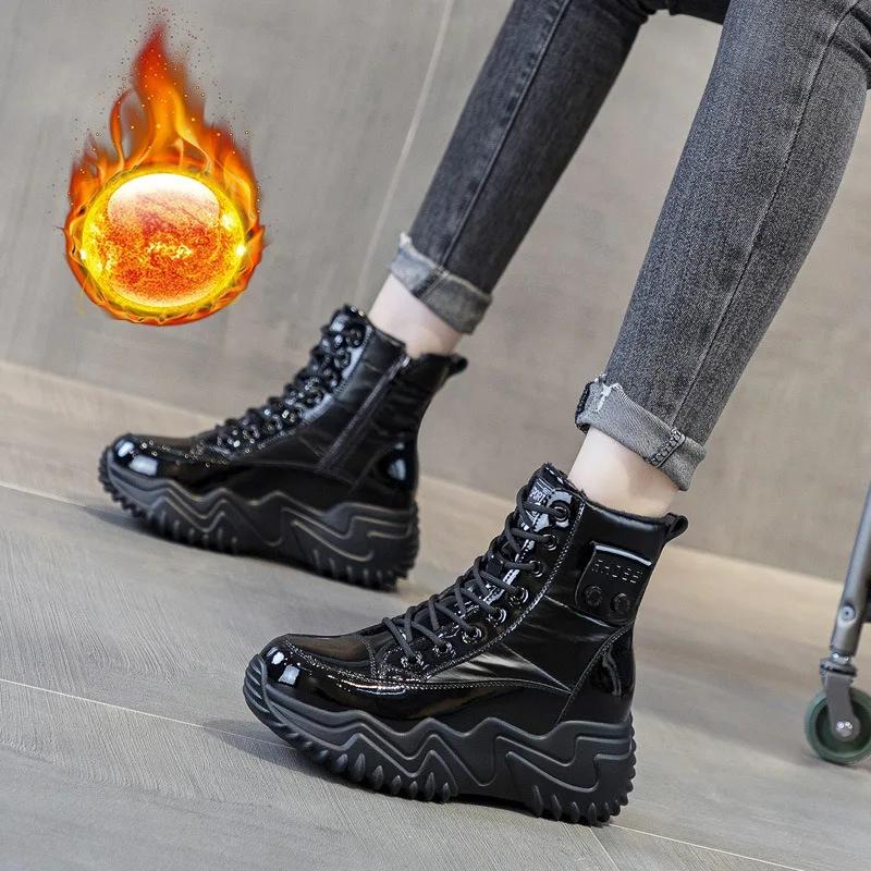Fashion 7CM New women's inner elevating snow boots with velvet inner high heel leather thick sole winter warm casual women's shoes