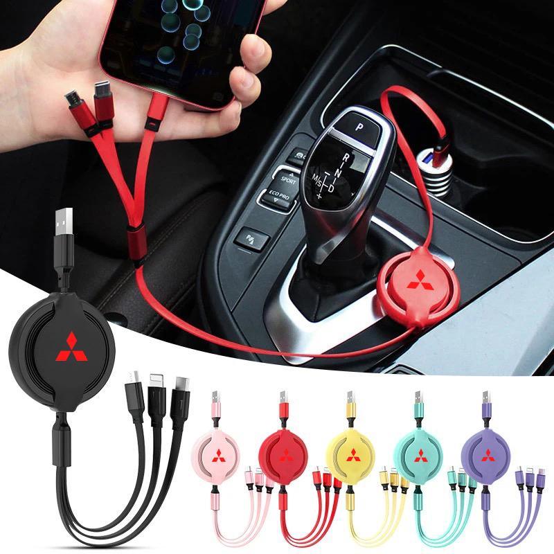 Car Fast Charging 3 In 1 Stretch Data Cable Apple Android Charger For Mitsubishi Xforce ASX L200 Eclipse Cross Outlander Pajero NH9