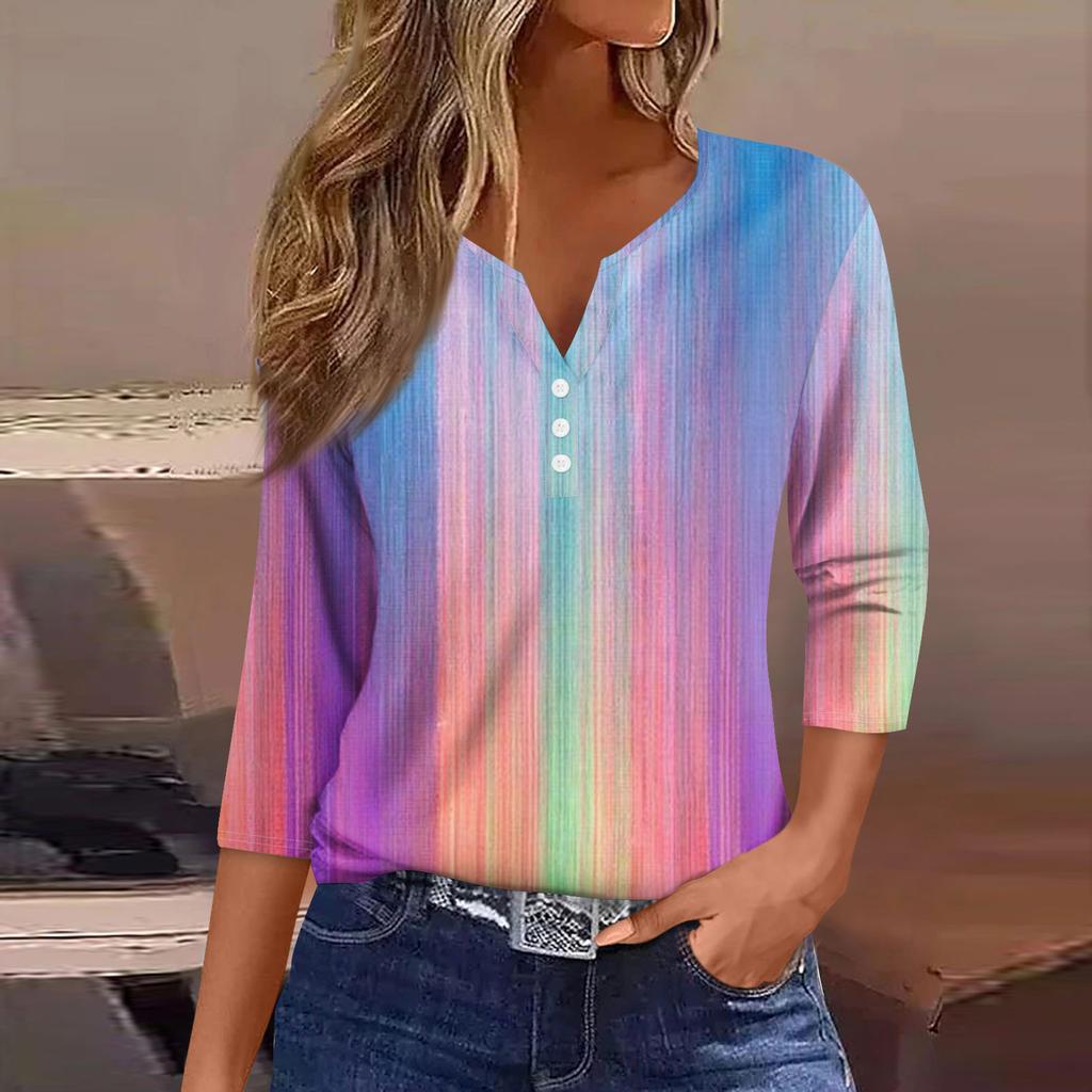 Women's Fashion Casual Printed V-Neck Seven Sleeve Button Down T-Shirt Top