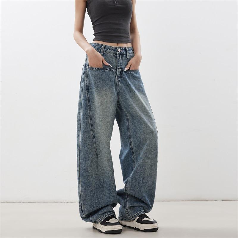 American Vintage Blue High Waist Loose Wide Leg Curved Blade Jeans For Women
