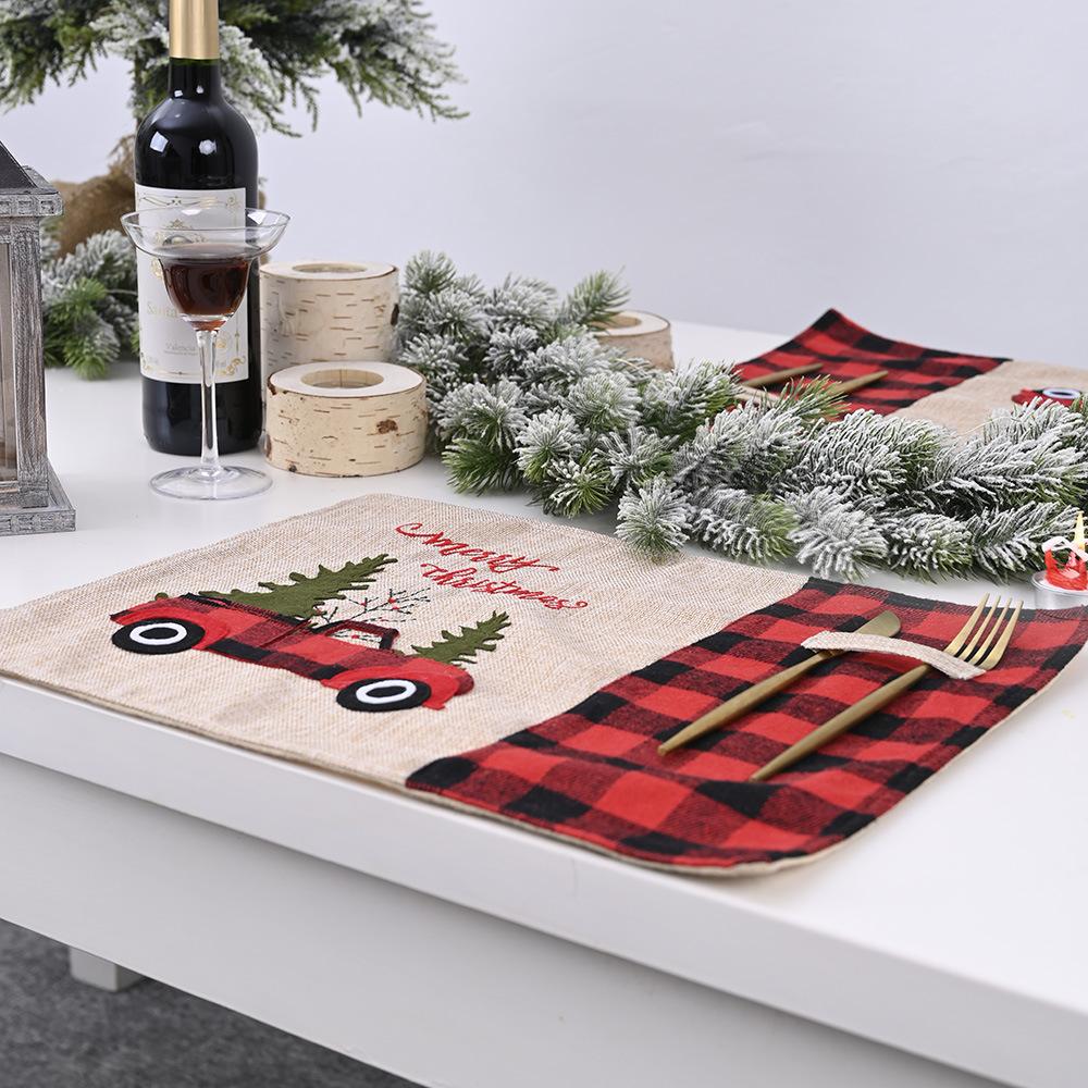 Christmas Home Decoration Magenta Black Check Table Mat Cartoon Tablecloth Table Mat Home Table Dress Knife and Fork Mat