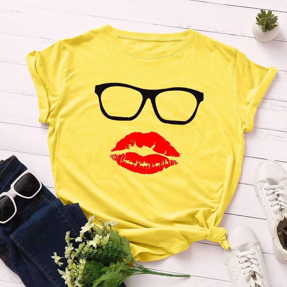 

Lipstick glasses printed Tshirt fashionable and versatile short sleeved round neck Womens Tshirt suitable for all seasons 4XL