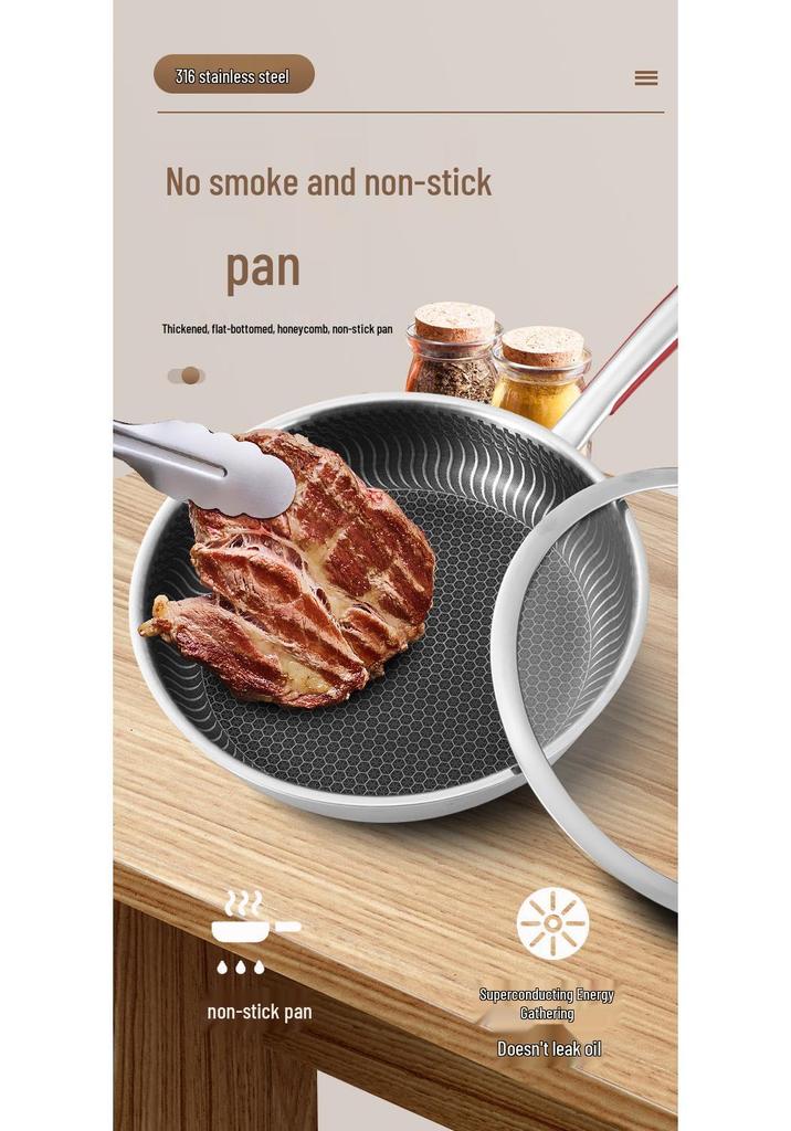 316L Stainless Steel Frying Pan for Home Use, Flat Bottom, Non-Coated, Ideal for Steak and Fried Eggs, Compatible with Induction and Gas Stoves