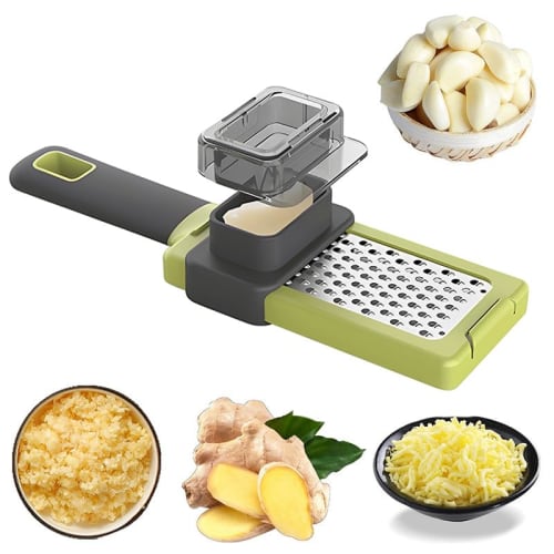 Yowodana Garlic Grater, Multifunctional Kitchen Tool with Ginger Grater, Non-Slip, Easy To Use, Portable, with Safety Holder, for Home Use (Green, 20.