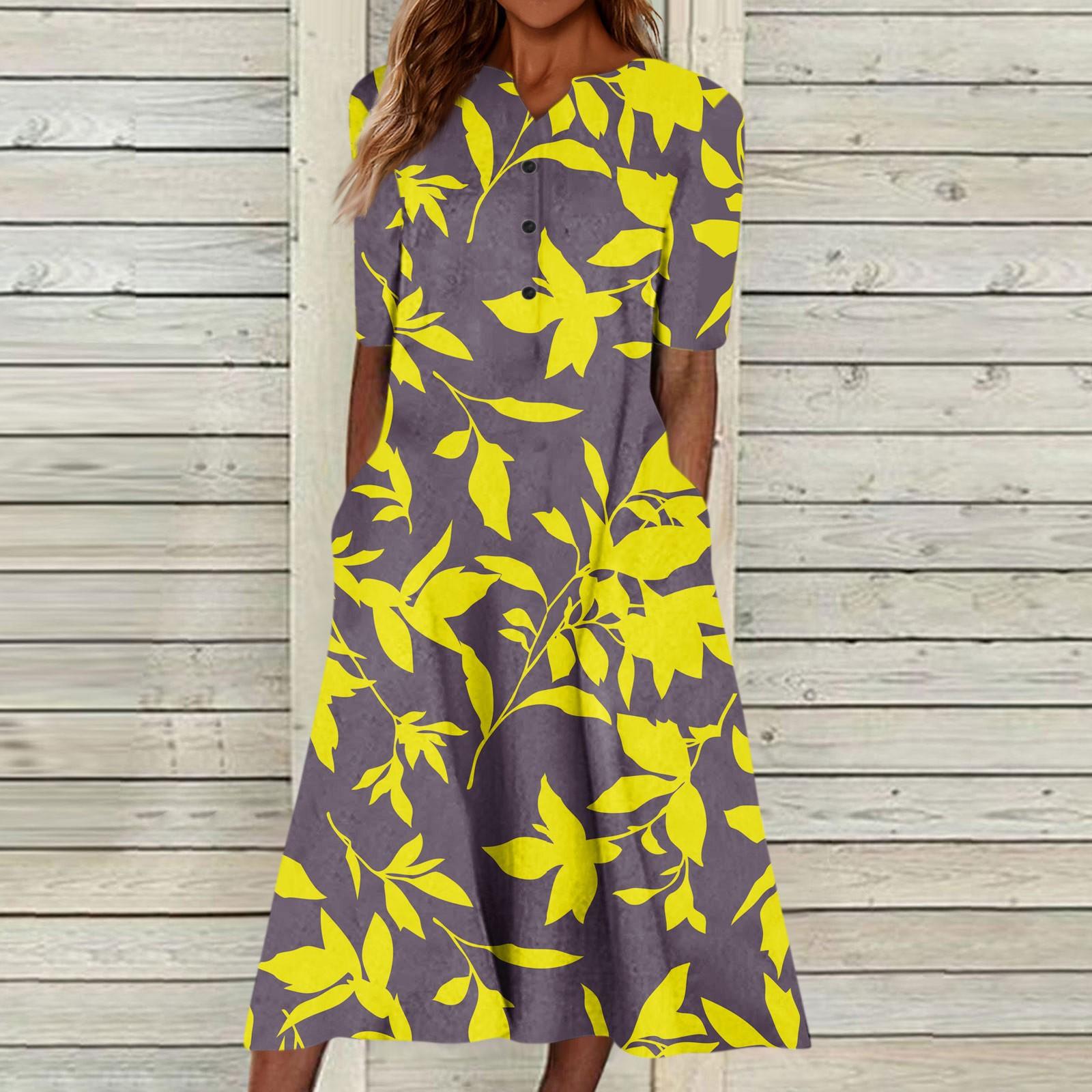 

Летнее платье для женщин, повседневное пляжное свободное платье с v-образным вырезом и короткими рукавами и карманами на пуговицах с цветочным принтом XXXL жёлтый