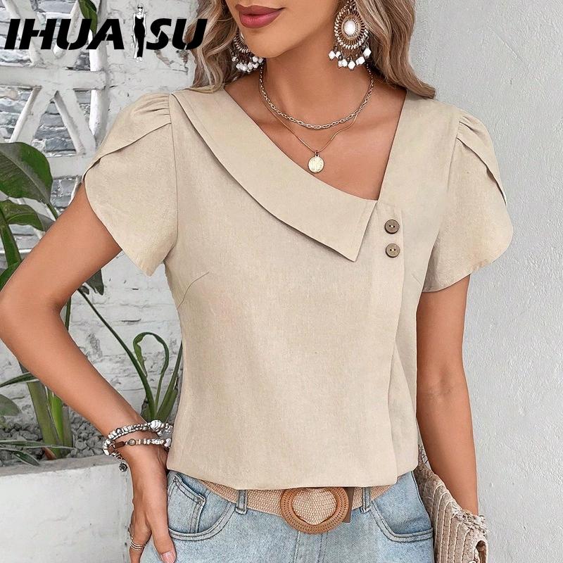 

IHUASU Женская Мода Повседневные Однотонные Принтованные Блузки и Рубашки с Коротким Рукавом и V-образным Вырезом XXL бежевый