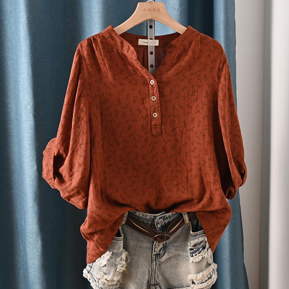 Women Cotton Casual Shirt Batwing Sleeve Stand Collar Printed Top Girl OL Loose Blouses 2024 Summer T447104QM