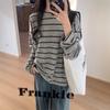 Grey striped long-sleeved T-shirt women's early autumn new Korean lazy style loose and thin age-reducing casual crew neck top