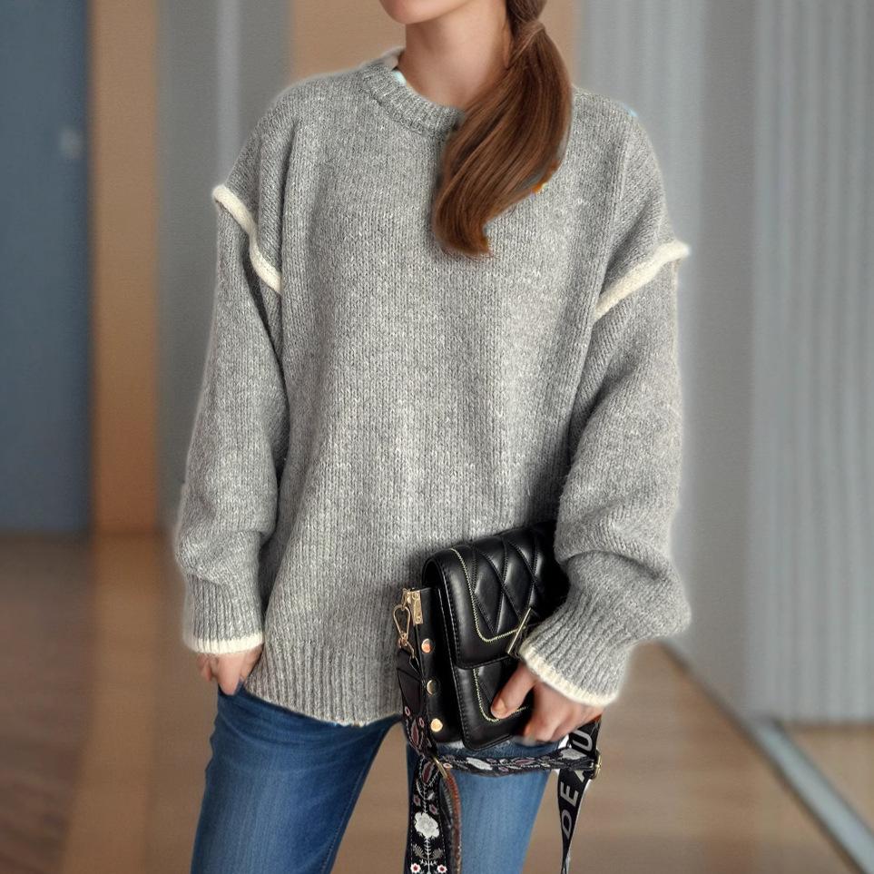 Autumn and Winter New Product Splicing Casual Women's Sweater Lazy Style Round Neck Loose and Versatile Thick Warm Hoodie 3599