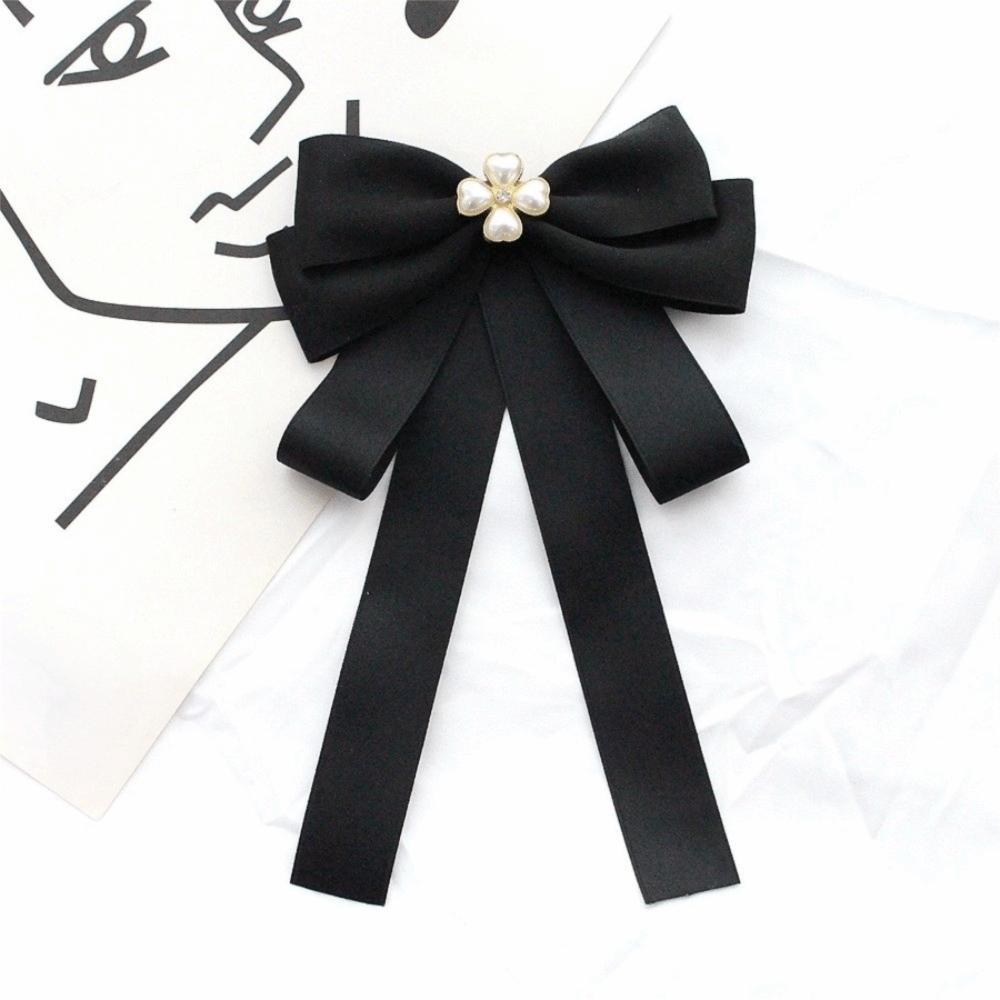 Pearl Black Ribbon Pin Beads Ribbon Badge Brooch Sweet Black Bow Necktie Parties