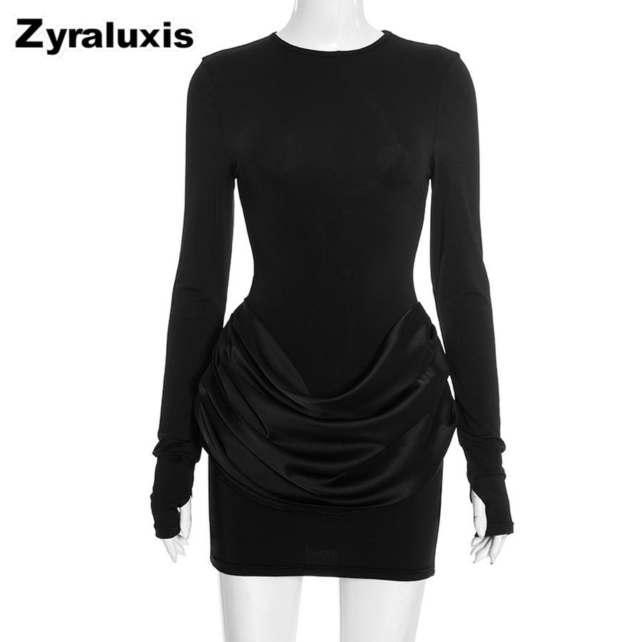 Women's Autumn Winter New Style Solid Elegant Casual Slim Fit Crew Neck Long Sleeve Ruffled Mini Dress