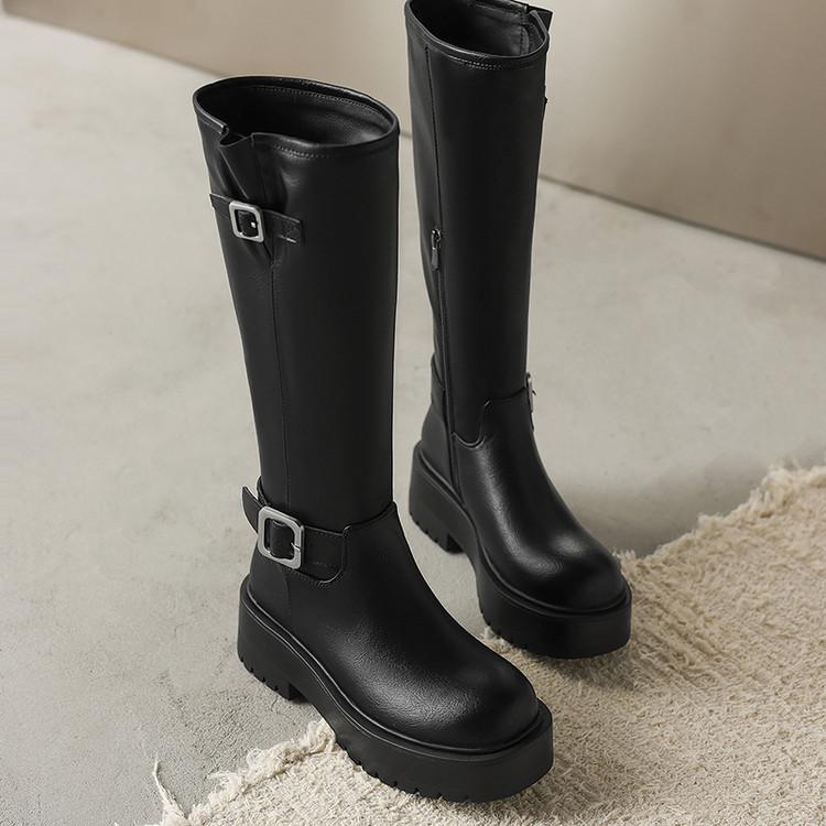 European and American Leather Round Head Thick-soled Knight Boots Foreign Trade New Belt Buckle Muffin Bottom Comfortable Versatile Thick Heel H
