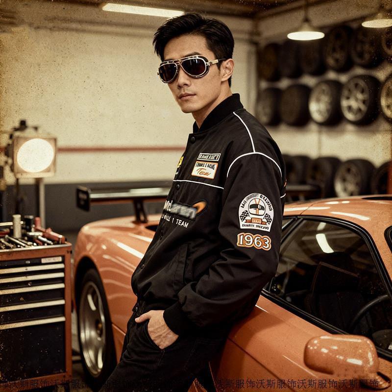 Men Women Vintage Racing Style Windproof Cycling Jacket Lightweight Embroidered Motorcycle Riding Outerwear