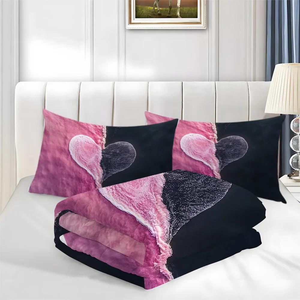 3-częściowy Nowoczesny Zestaw Pościeli z Nadrukiem Serca na Walentynki - Miękka Poliestrowa Poszwa na Kołdrę i Poszewki na Poduszki, Można Prać w Pralkce, na Łóżko Domowe