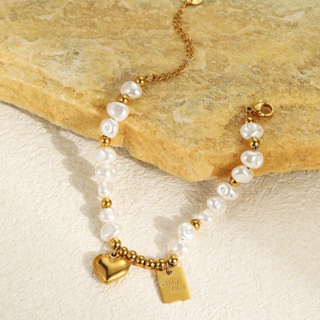 Elegant Baroque Faux Pearl Stainless Steel Layered Bracelet Earrings Set