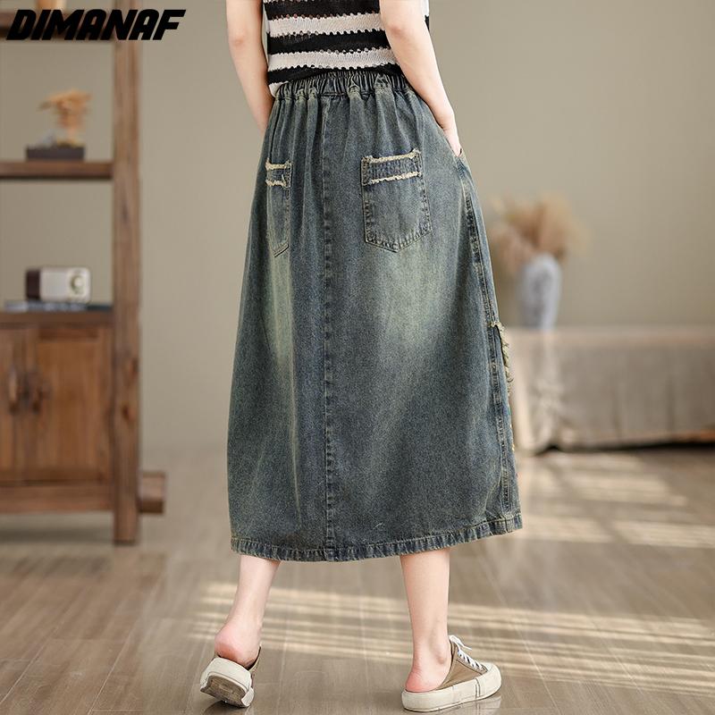 DIMANAF 2025 Women Plus Size Spring Summer Denim Skirts Elastic Waist Casual Loose Vintage Long A-Line Maxi Skirt 2024