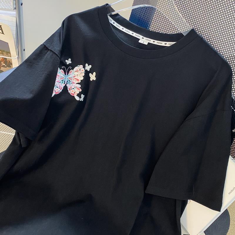 Chinese Style Embroidered T-shirt Summer Round Neck Loose Women's Short Sleeved Tee Butterfly Pattern Korean Casual Top