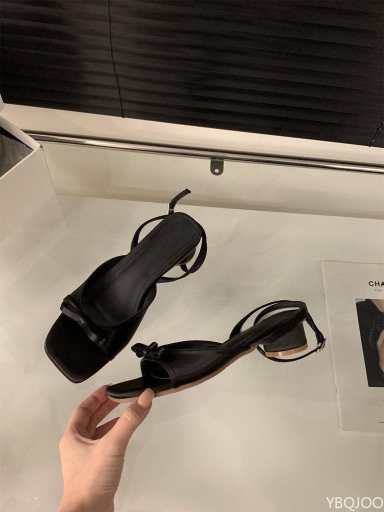 Fashion French style thick heel slim strap sandals 2025 summer butterfly dew toe fashionable simple versatile comfortable women's shoes