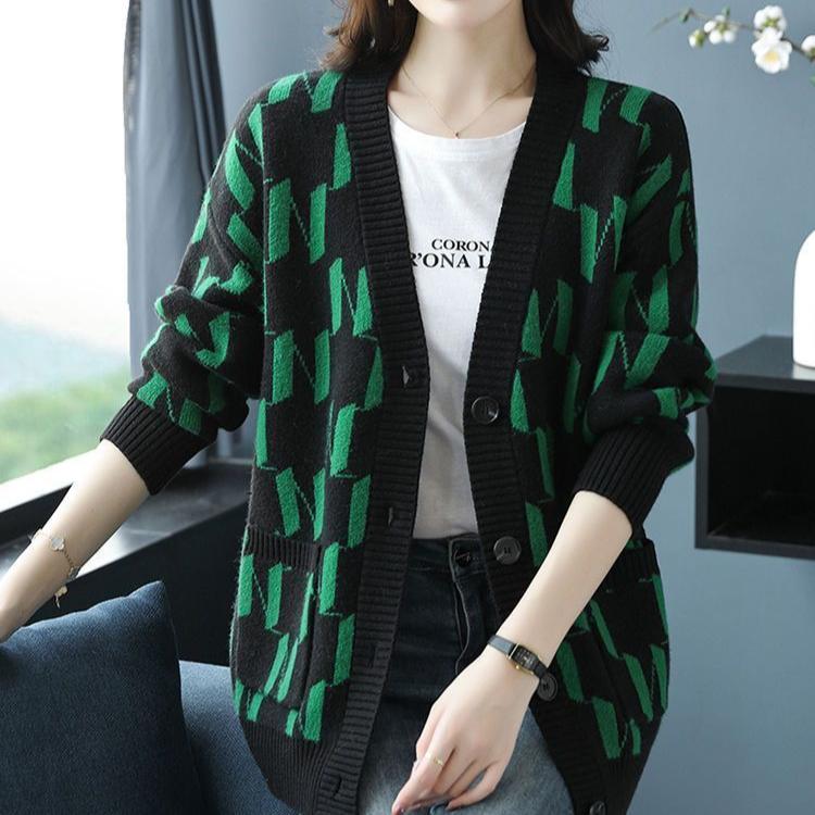 Herbst/Winter Damen Übergröße Strickjacke Pullover V-Ausschnitt Lockere Strickjacke Bedrucktes einreihiges Strickoberteil