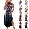 Women Sleeveless Maxi Dress Loose Fit Casual Long Dress with Independence Day Print Side Slit Summer Beach Dress