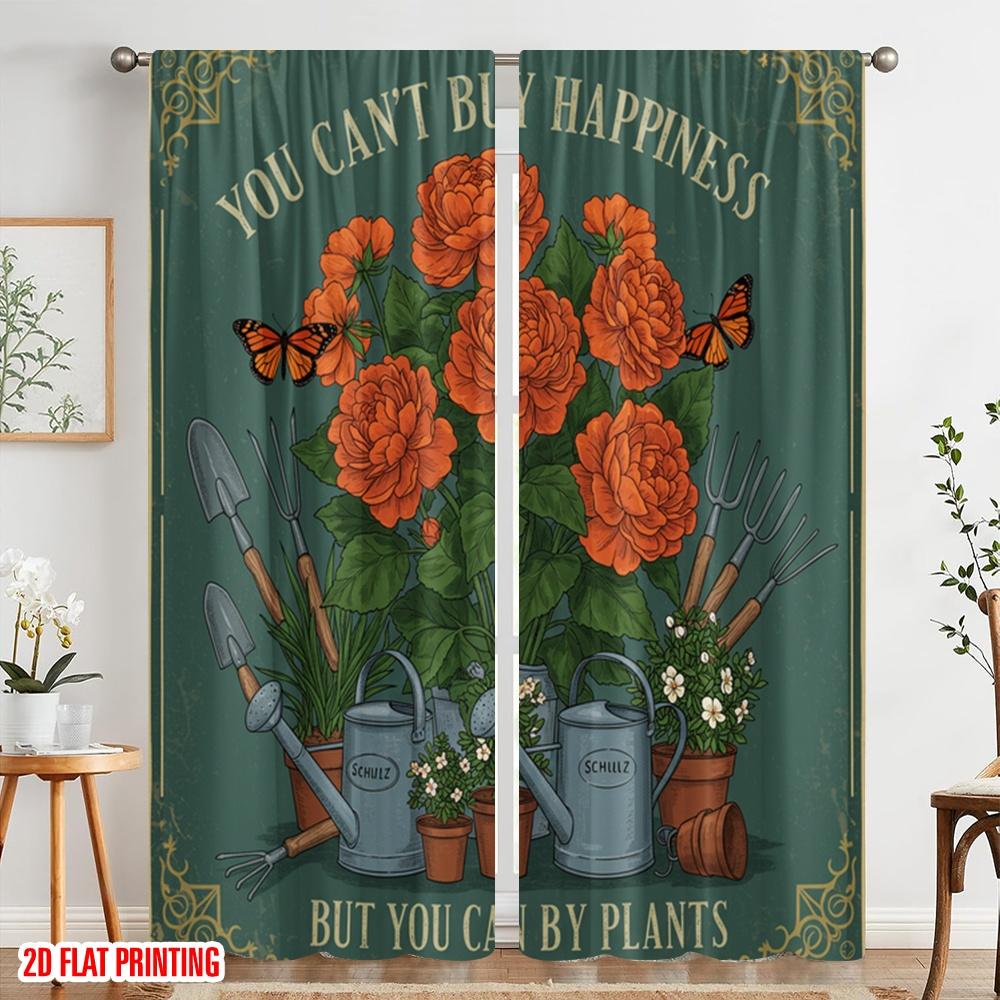 2pcs 2D flat printing Curtains Gardening Happiness Plants Butterflies 100% Polyester Fabric Without Electricity All Season Party