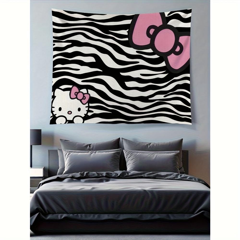 Sanrio Hello Kitty Anime Tapestry Black White Zebra Print with Pink Bow for Bedroom Decor Party Birthday Gift Flat Print