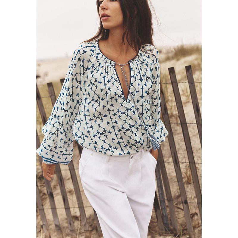 Summer Women's French Style Laminated Decoration Long Sleeves Metal Color Line Print round Neck Vertical Blouse 1821024