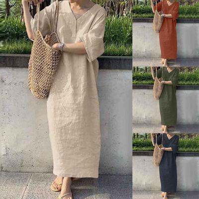 Women's Loose Short-sleeved V-neck Solid Colour Plus Size Cotton Linen Long Dresses