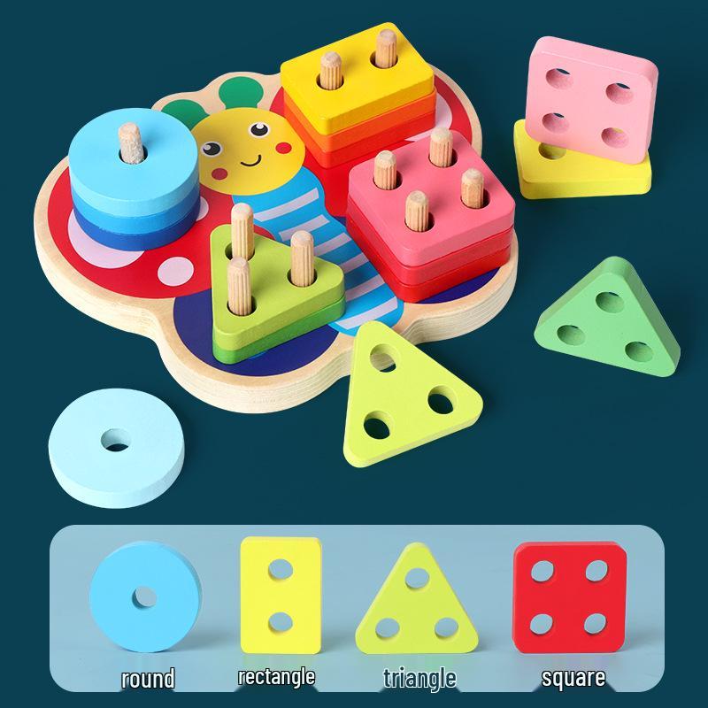 Wooden Stacking Ring Toy - Educational Early Learning, Baby Grasping with Geometric Shape Recognition and Matching Building Blocks