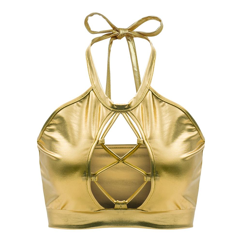 Kvinners Metallisk Design Sexy Slim Halter Camisole Illusorisk Farge Glansfull Glitrende Bryst Utringet Ryggløs Snøring Kortermet Topp