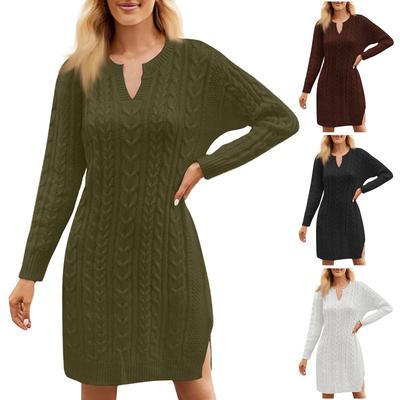 Women's Fashion Mid-length Loose V-neck Long-sleeved Solid Color Knitted Sweater Dress