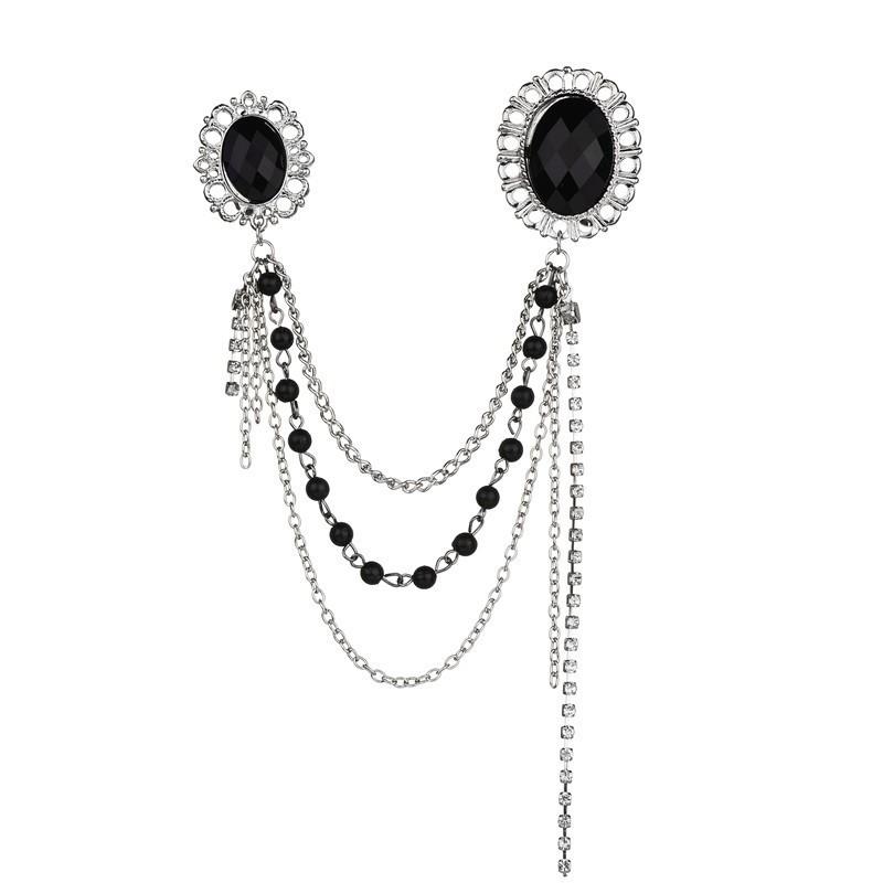 British Style Crystal Lapel Brooch High End Double Chain Pin Luxury Suit Badge for Men Wedding Business Banquet Decor