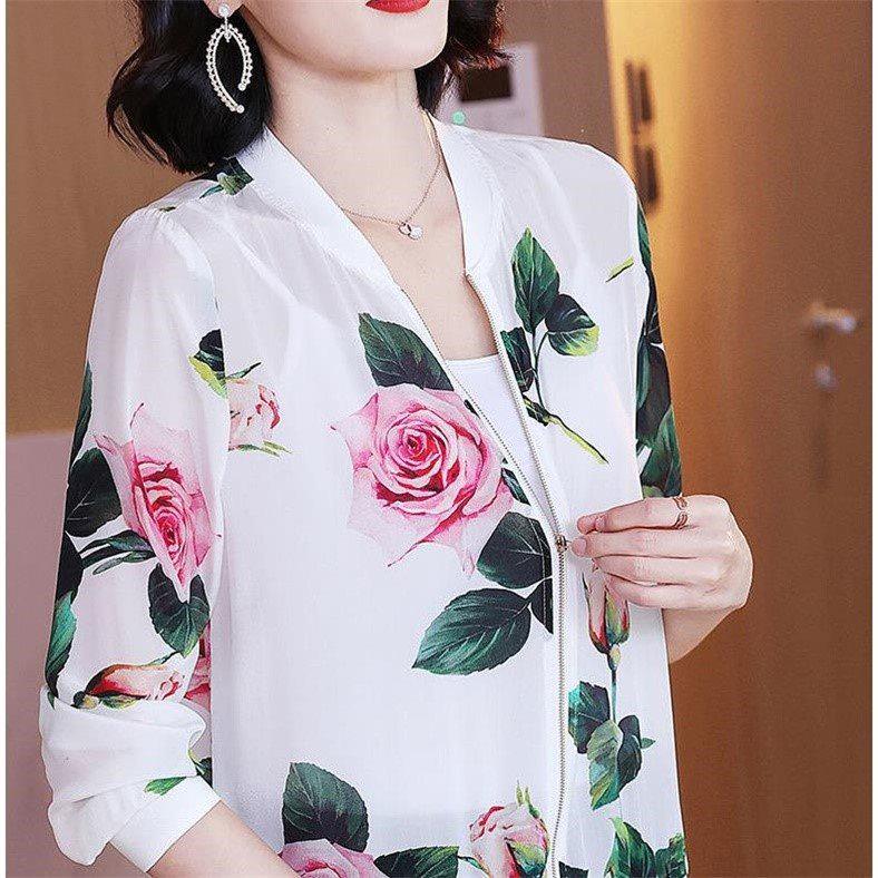 Women's Plus Size Chiffon Printed Baseball Jacket - Summer 2026 Style, Lightweight, Age-Reducing, Sun Protection Short Coat