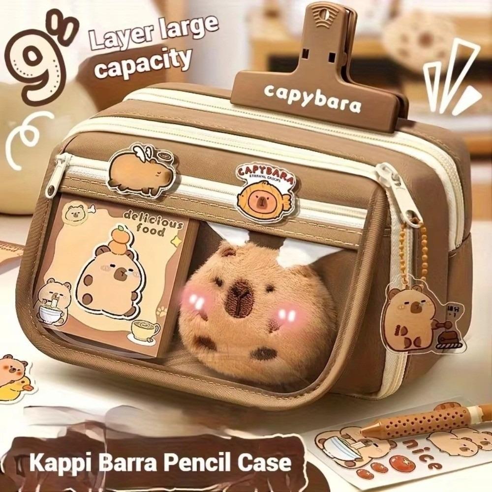 7Pcs Zipper Closure Capybara Pencil Case Large Capacity Stationery Bag Pen Bag  Office Use