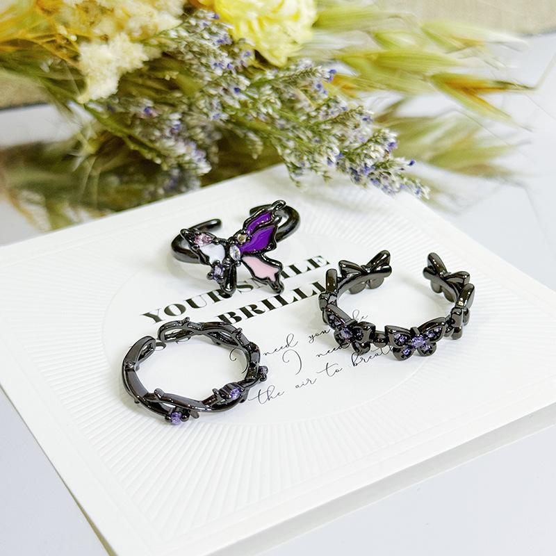Dark Purple Zircon Liquid Irregular Enamel Butterfly Open Ring Personalized Spice Girl Stacked With Niche Ring Woman