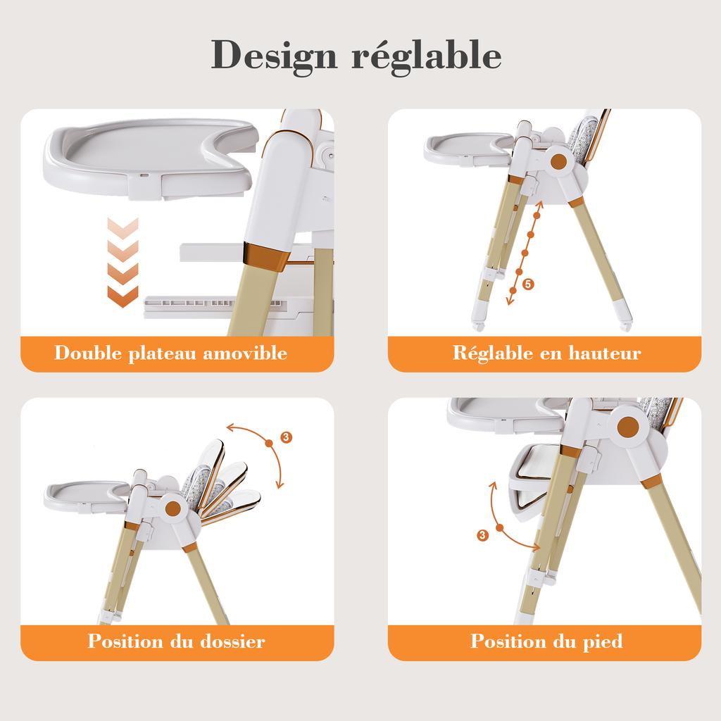 Silla Alta para Bebé 2 en 1 con Función Mecedora, Arnés de Seguridad de 5 Puntos, Ruedas con Bloqueo, Bandeja Extraíble, Plegable y Ajustable en Altura, Blanco