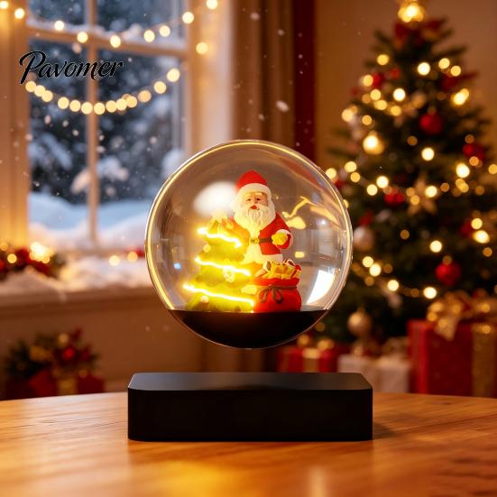 Creative Christmas Party Accessory Magnetic Levitating Santa Claus Tree Ornament with LED Light, Lighted Rotating Floating Desk Decoration for Office