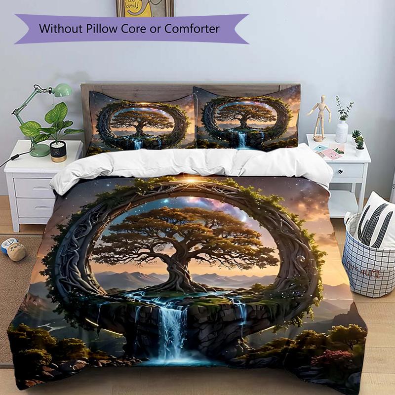 

3pcs Fantasy Landscape with a Mystical Tree Quilt Set - Soft and Comfortable Bedroom, Guest Room and Dorm Decor Bedding Set 135x200cm