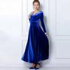 Women Evening Dress Golden Velvet V Neck Pleated A-line Pure Color Long Sleeves Full