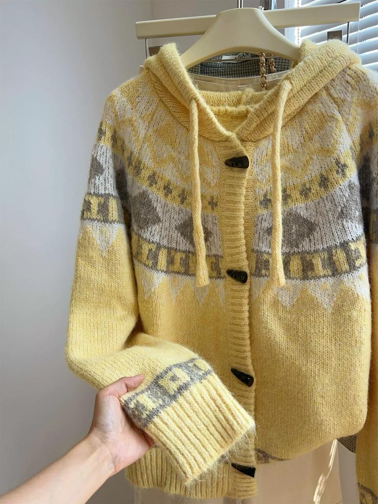 Dimanaf 2025 Autumn Sweaters Cardigan Yellow Women Pattern Printing Buttons Sweaters Knitting Loose Sweater