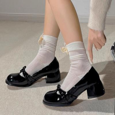 Black Patent Leather Round Head Small Leather Shoes Light Mouth Thick Heel Single Shoes Women's 2025 Autumn New French High Heel Mary Jane Shoes